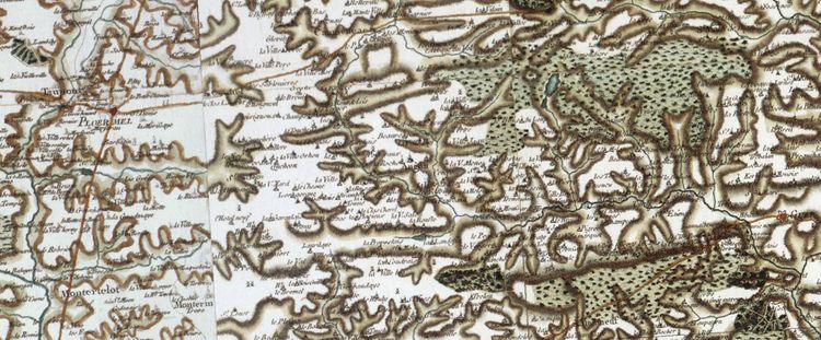 Vue d'Augan (au centre) sur la Carte de Cassini en couleur (feuilles gravées et aquarellées), issue de l’exemplaire dit de «Marie-Antoinette» du XVIIIe siècle.