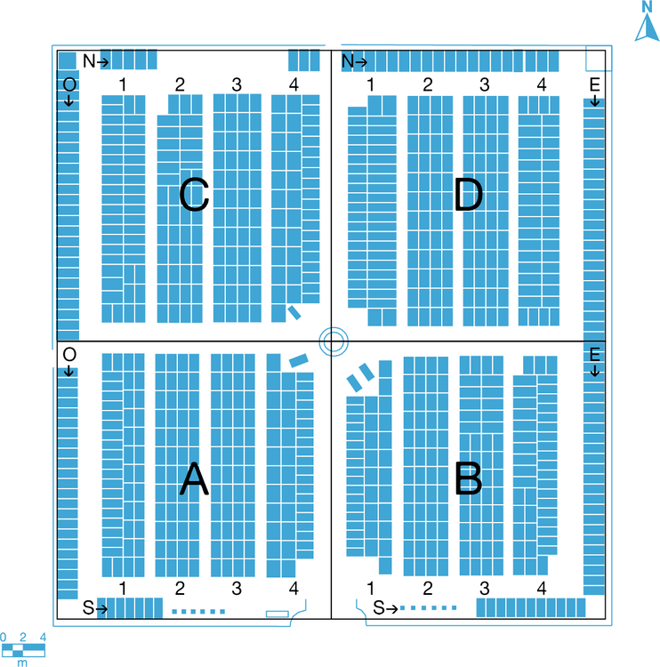 Nom d'un emplacement : quartier (A,B,C,D) + rang (N,S,EO,1,2,3,4) + numéro